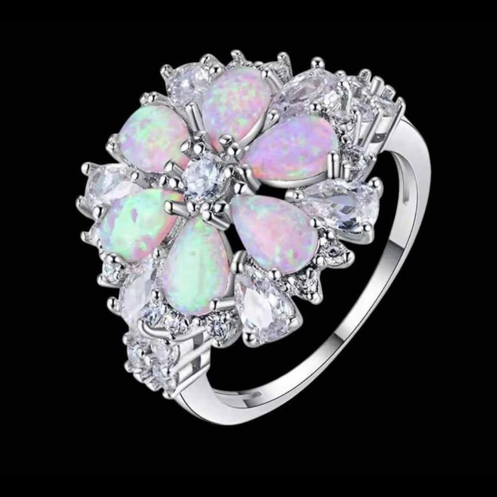 New Laboratory Simulated Pink Fire Opal and Stones Sterling Ring Size 7